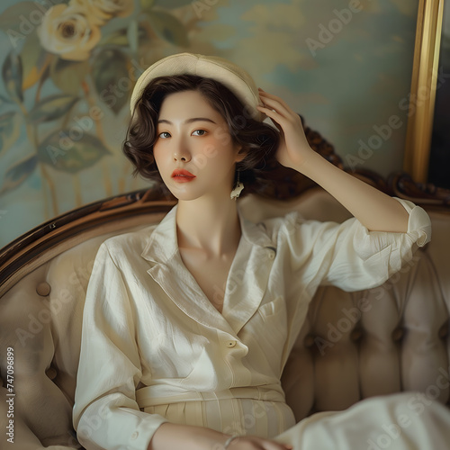 fashinable Korean 40s model, classic design, photo realism, realistic photo photo