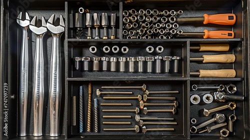 A well-organized toolbox with neatly arranged screws and bolts, ready for the next project. © ra0