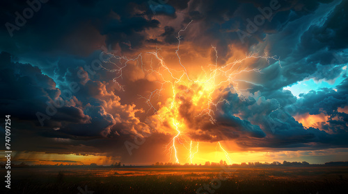 A thunderous lightning strike, with dark storm clouds as the background, during an electrifying thunderstorm