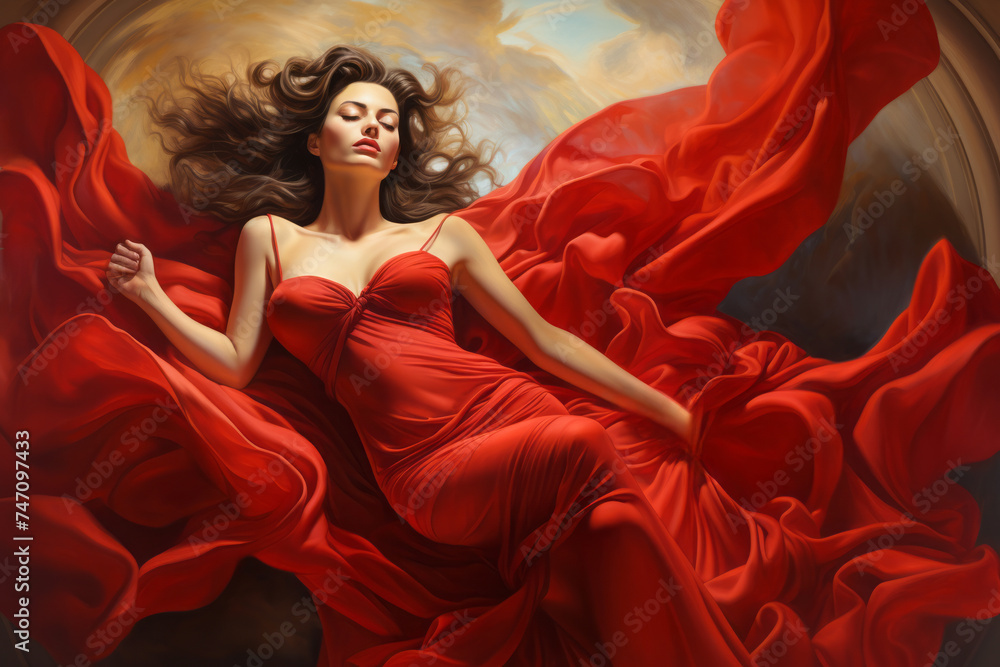 Beautiful, sensual and erotic woman posing on couch. Laid relaxing in a red dress. Valentines Day digital backdrop, romantic. Chicago style stylish portrait of elegant woman , luxury gracefully - obrazy, fototapety, plakaty 