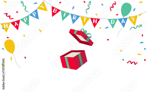 open gift box with ribbon and Happy Birthday Banner, vector illustration.