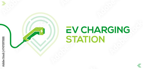EV charging station pin. Electric green car, ev charge station.  Sustainable green energy. Vector illustration.	
