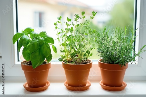 Fresh green herbs, basil, rosemary and coriander in pots placed on a window frame. 