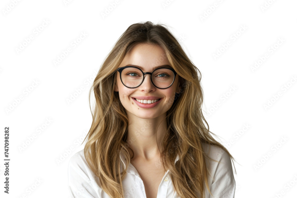 Studio portrait of a beautiful young Caucasian Americana business woman wear glasses and casual shirt with an attractive smile, isolated on transparent png background. Studio portrait of a beautiful young Caucasian Americana business woman wear glasses and casual shirt with an attractive smile, isolated on transparent png background.