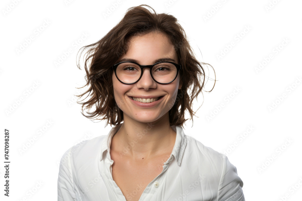 Studio portrait of a beautiful young Caucasian Americana business woman wear glasses and casual shirt with an attractive smile, isolated on transparent png background.