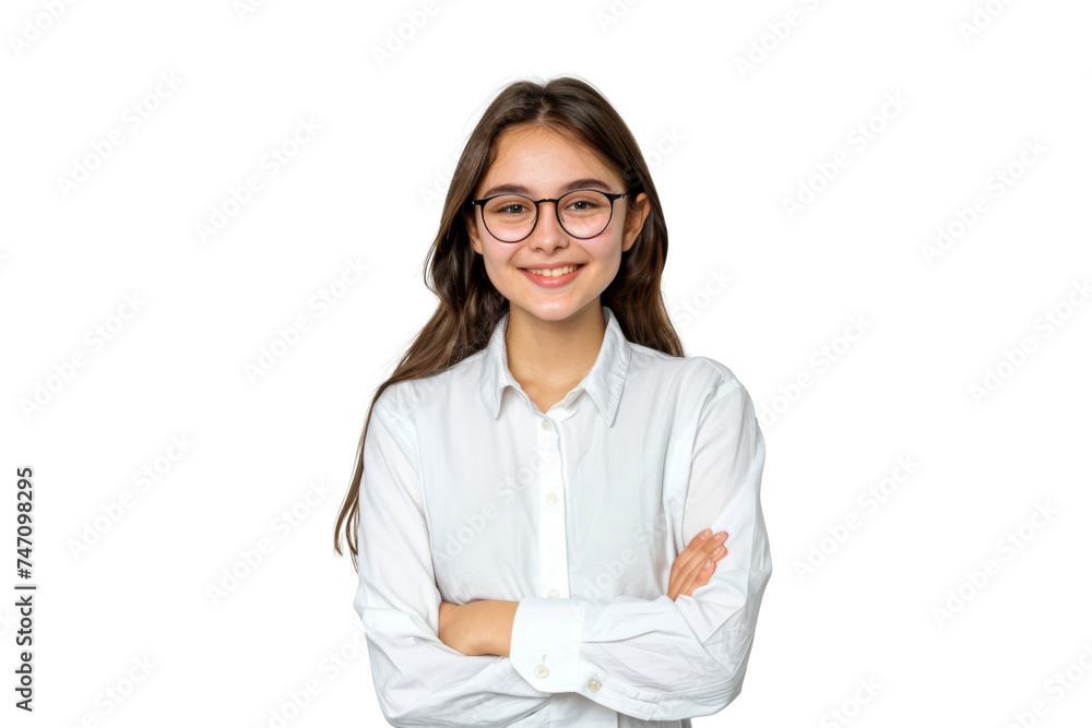 Studio portrait of a beautiful young Caucasian Americana business woman wear glasses and casual shirt with an attractive smile, isolated on transparent png background. Studio portrait of a beautiful young Caucasian Americana business woman wear glasses and casual shirt with an attractive smile, isolated on transparent png background.