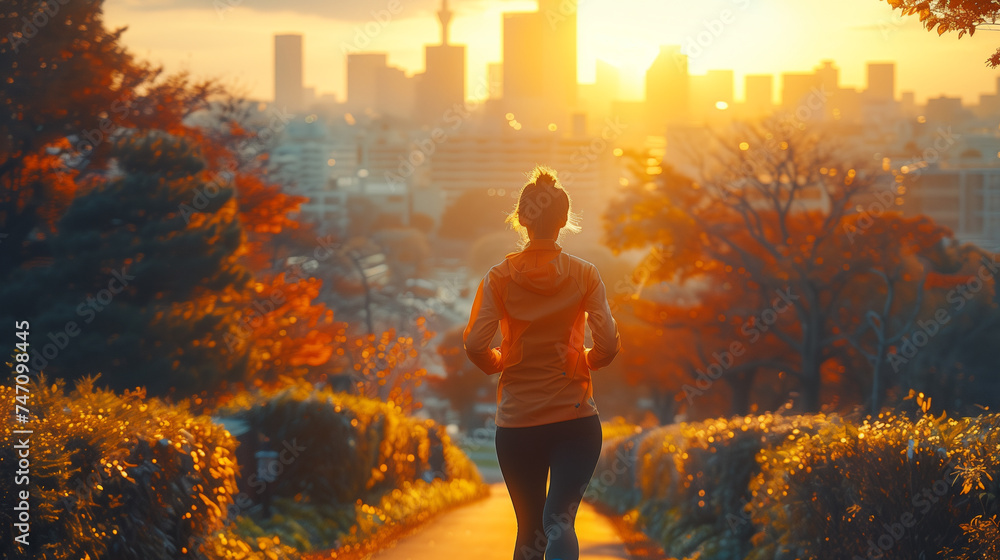A solitary figure jogging towards the sunrise in a city park during the fall season, with golden leaves around. - obrazy, fototapety, plakaty 