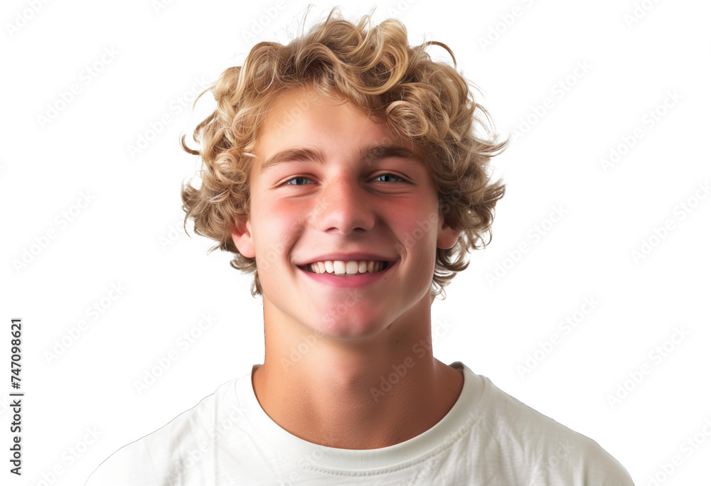 Young satisfied smiling happy attractive cheerful fun caucasian blond curly man isolated on transparent Young satisfied smiling happy attractive cheerful fun caucasian blond curly man isolated on transparent