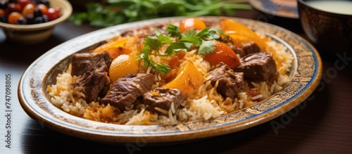 A close-up view of a plate filled with traditional Uzbek dish Fergana Plov, made with lamb and devsira rice, served on a beautifully hand-painted lagan platter. photo