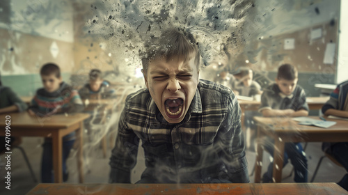 Boy screaming with a visual metaphor of head exploding in class.