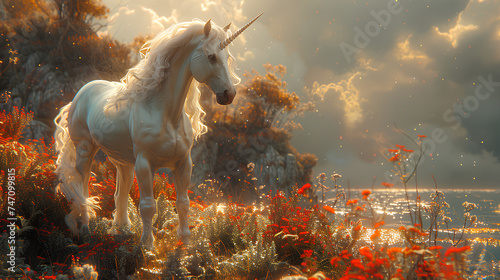 fantasy landscape with magical unicorn horse on nature background