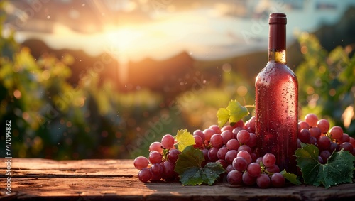 Bottle of red wine with ripe grapes on wooden table in vineyard