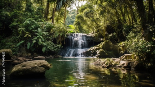 Majestic waterfall cascading into clear pool amid lush greenery  teeming with life.