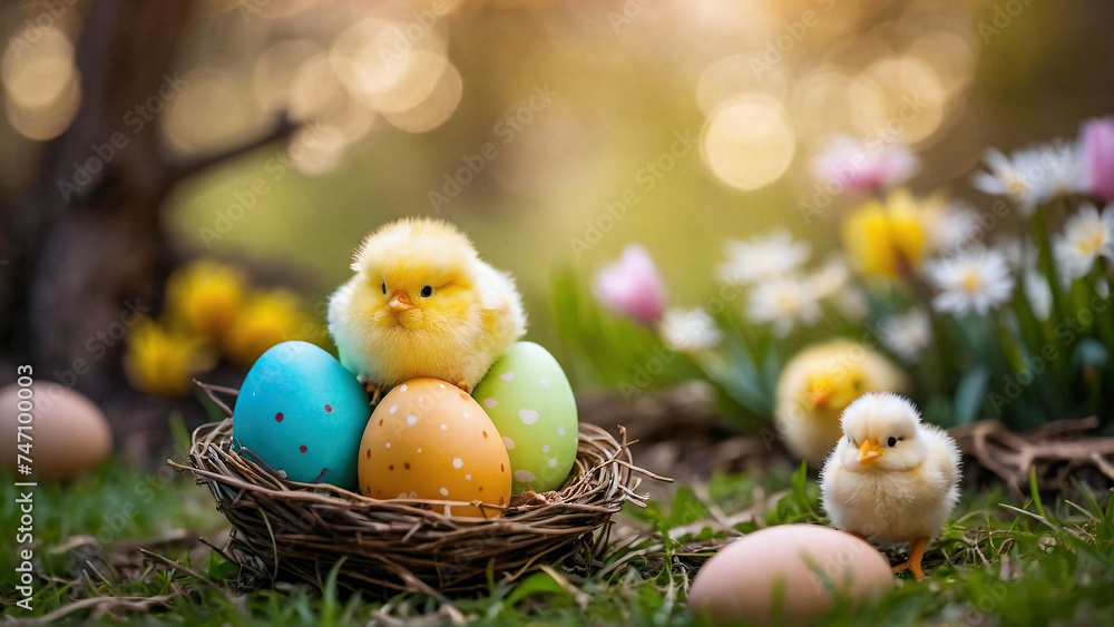 cute yellow baby chick with a basket of easter eggs on a colorful background cute yellow baby chick with a basket of easter eggs on a colorful background
