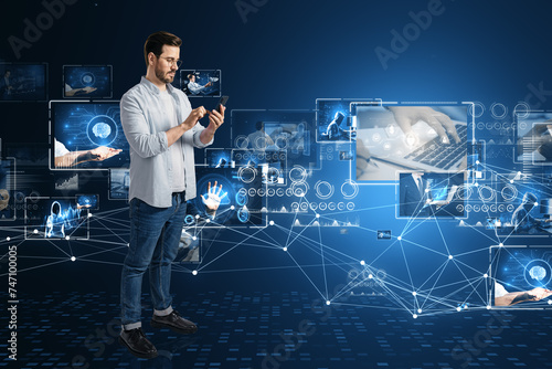 Man engaging with a virtual interface for media streaming, showcasing content technology and online platform optimization