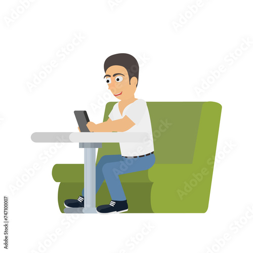 Man with a smartphone. Young man is sitting and sending messages via chat, vector illustration.