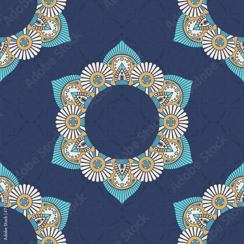 Seamless vector color pattern with mandala. Abstract oriental vector mandala background. Vintage decorative elements. Islam, Arabic, Indian, ottoman motifs. For textile, fabric and paper. Blue and bro