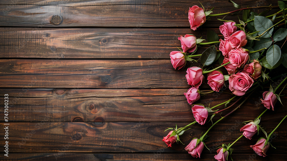 A Bouquet of Pink Roses on Wooden Background