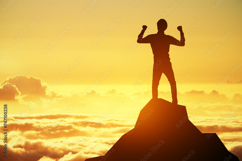 A dynamic silhouette of a person with fists up in the air on a mountain top, with sunrise depicting motivation and strength A dynamic silhouette of a person with fists up in the air on a mountain top, with sunrise depicting motivation and strength