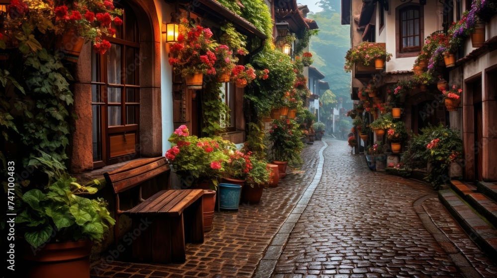 Charming countryside village with colorful flower baskets, cottages, and cobblestone streets
