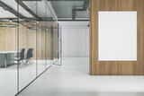 Modern wooden, glass and concrete office interior with white mock up banner on wall and daylight. 3D Rendering.