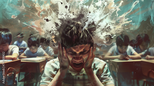 Boy screaming with a visual metaphor of head exploding in class. photo