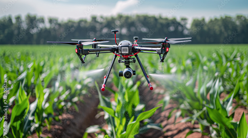 Agricultural drone flying over a green cornfield, utilizing advanced technology for crop monitoring Agricultural drone flying over a green cornfield, utilizing advanced technology for crop monitoring