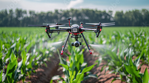 Agricultural drone flying over a green cornfield, utilizing advanced technology for crop monitoring