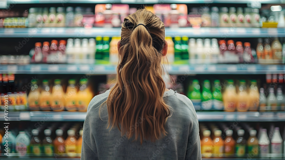 a photo of a beautiful young american woman shopping in supermarket and buying groceries and food products in the store. photo taken from behind her back