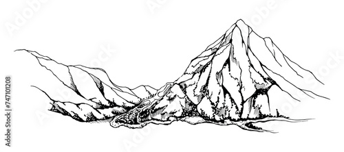 Hand drawn ink vector illustration, mountain landscape scenery Central South America, hills plane farmland forest sightseeing. Isolated on white background. Design travel, vacation, brochure, print