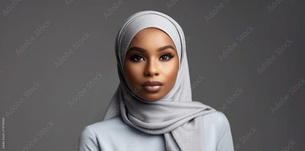 Gorgeous stylish black Muslim woman with beautiful makeup and luxurious silk hijab Gorgeous stylish black Muslim woman with beautiful makeup and luxurious silk hijab