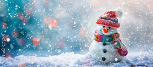 A snowman adorned with a Santa hat and scarf is peacefully sitting in the freezing snow, creating a beautiful winter art in the sky.