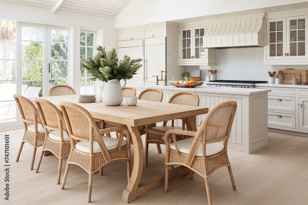 Rattan Refined: Coastal-Inspired Kitchen Interiors with White Walls