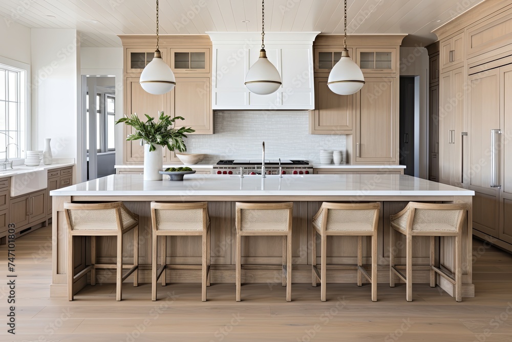Serene Coastal-Style Kitchen Interiors with Wooden Bar Stools Serene Coastal-Style Kitchen Interiors with Wooden Bar Stools