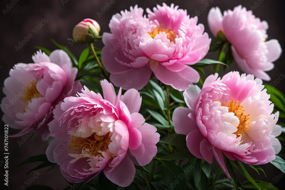 Fluffy pink peonies flowers on blurry background Fluffy pink peonies flowers on blurry background