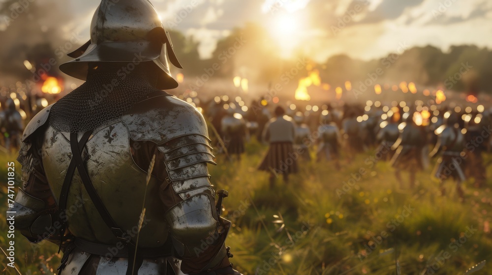 A medieval knight in armor stands with his back to the camera, overlooking a battlefield as the setting sun casts a golden light over the scene. - obrazy, fototapety, plakaty 