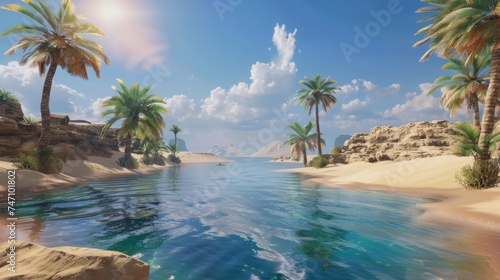 A serene desert oasis, with clear blue waters surrounded by palm trees and sand dunes, under a sunny sky with fluffy clouds.