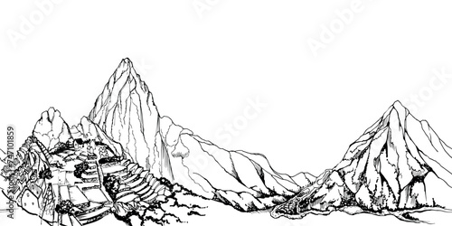 Hand drawn ink vector illustration, mountain landscape scenery Central South America, Machu Picchu terraces. Seamless banner isolated on white background. Design travel, vacation, brochure, print