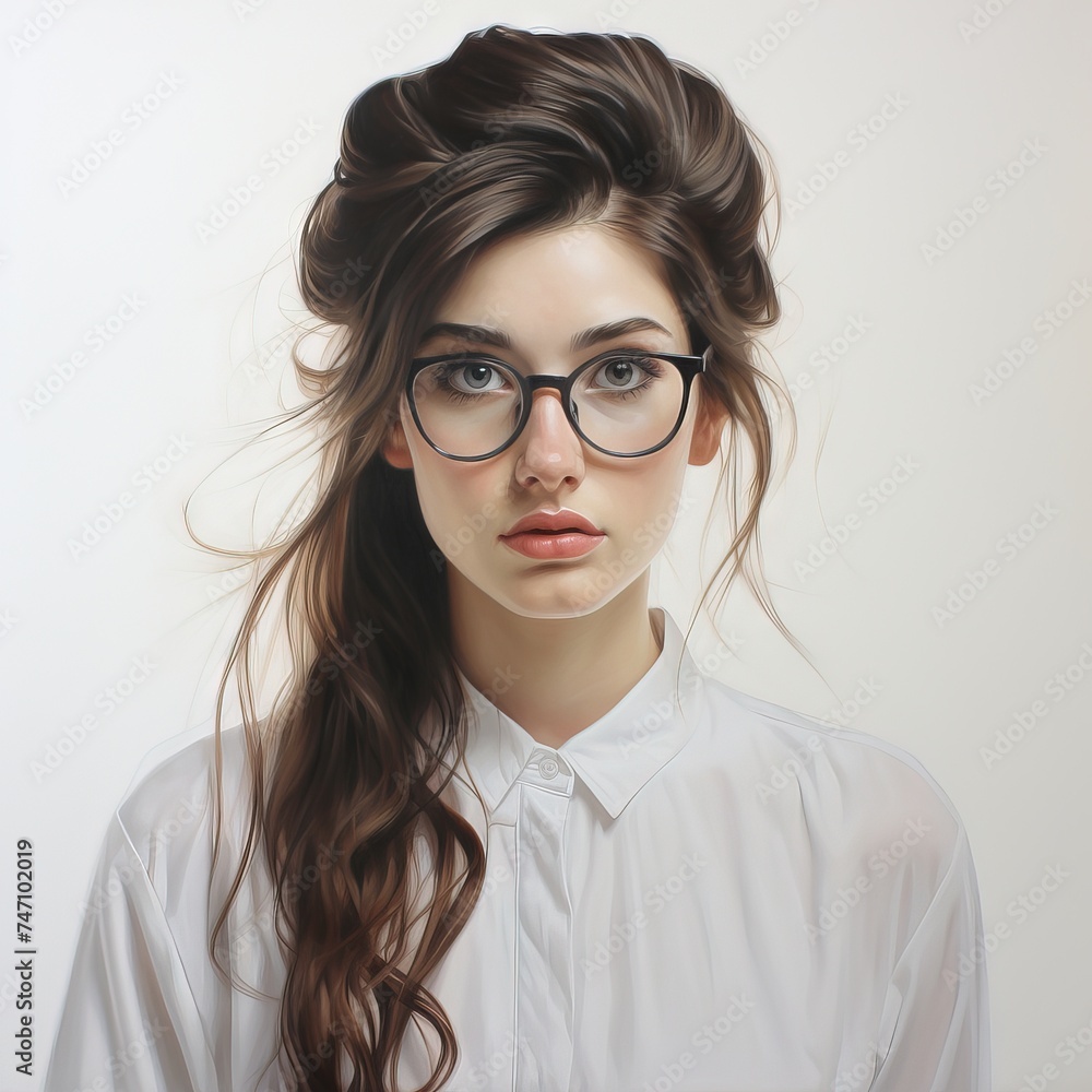 Obraz premium Closeup portrait of a cute girl with flying hair Watercolor Generative AI