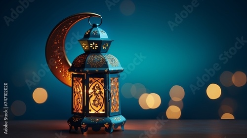 An illuminated colorful ramadan lantern against blue night sky with an crescent moon photo