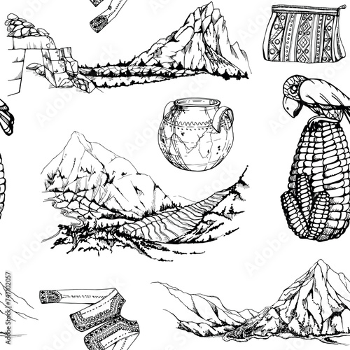 Hand drawn ink vector illustration, Peru symbols landscapes ceramic pot Machu Picchu corn maize embroidered jacket. Seamless pattern isolated on white background. Design travel, menu, brochure, print