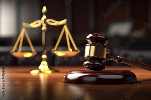 hyper realistic imagin law legal system justice crime concept mallet gavel hammer and scales on table photo