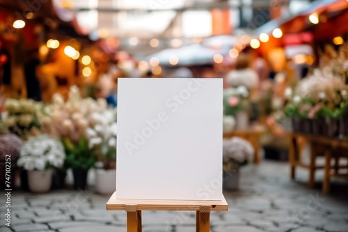 Blank white billboard stand on wooden table with blurred bokeh background.