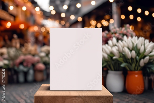 Blank white billboard stand on wooden table with blurred bokeh background.