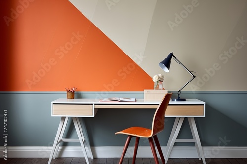 Color-Blocked Minimalist Desk: Interior Wall Ideas as Bold Backdrop
