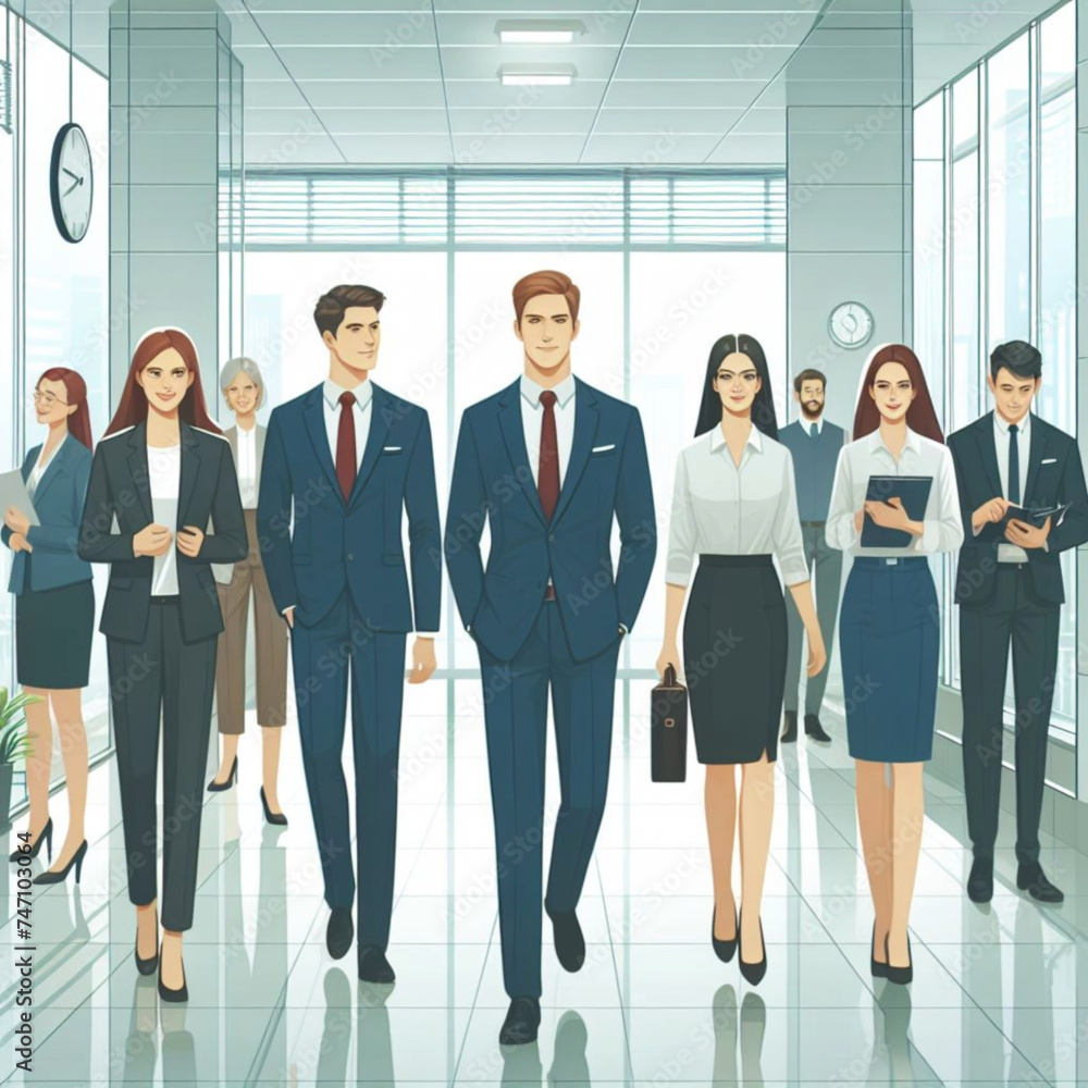 Corporate professionals as a team in an office corridor, vector illustration Corporate professionals as a team in an office corridor, vector illustration