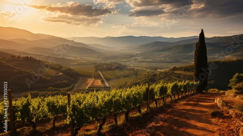 Tuscan vineyard with grapevines, rolling hills, and golden sunlight under a blue sky