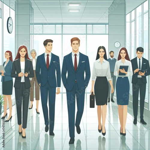 Corporate professionals as a team in an office corridor, vector illustration