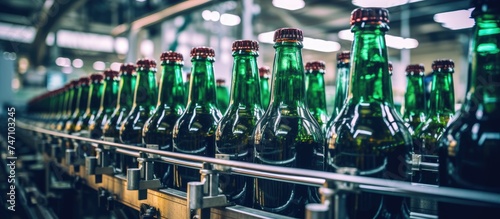 A production line in a factory is shown, with green glass bottles moving along a conveyor belt. The bottles are empty and destined for filling with alcoholic beverages.
