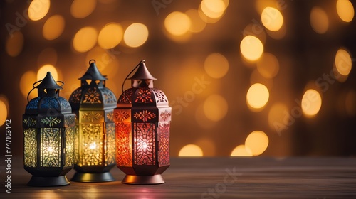 Eid colorful lamps or lanterns for Ramadan and other islamic muslim holidays, with copy space for text